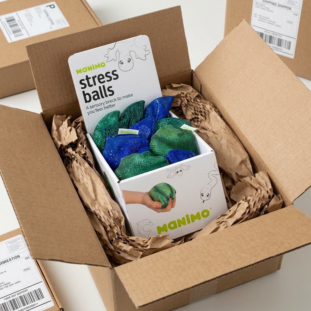 A box containingManimo Stress Balls Display rests on protective paper in a shipping carton, ready for use.