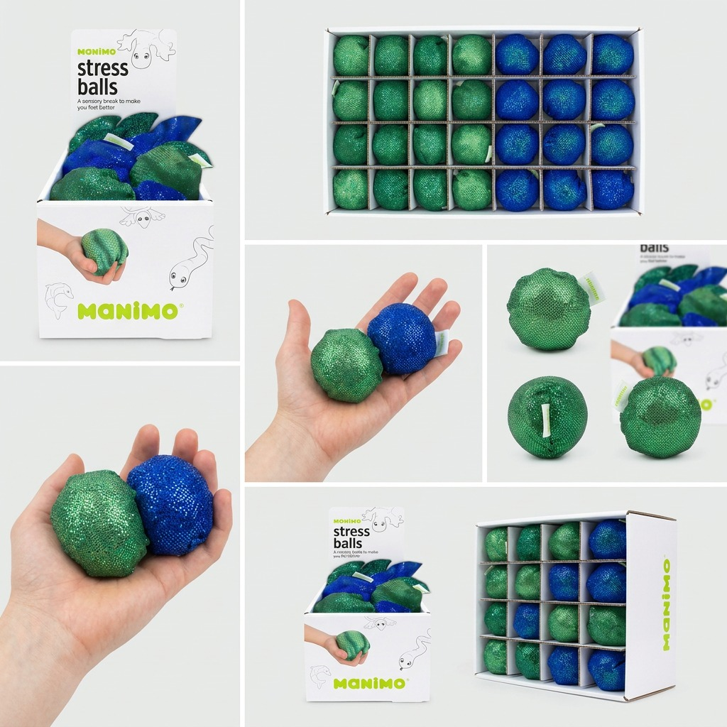 A five-panel product matrix grid featuring the FDMT Stress Balls inside their counter display.