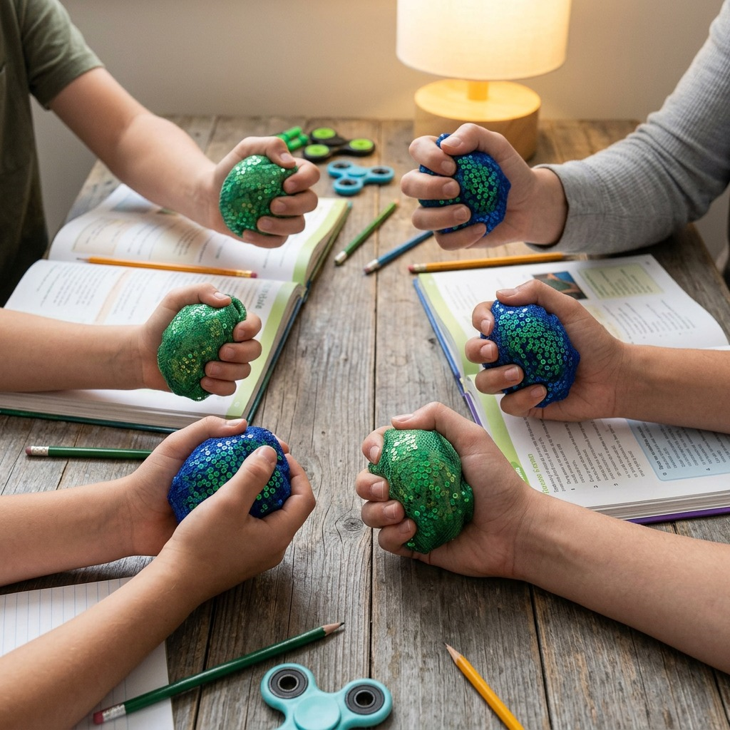 Lifestyle photo showing a child's hands and an adult's hand simultaneously squeezing green and blue sequined stress balls at a home desk with books and a lamp, with no packaging visible.