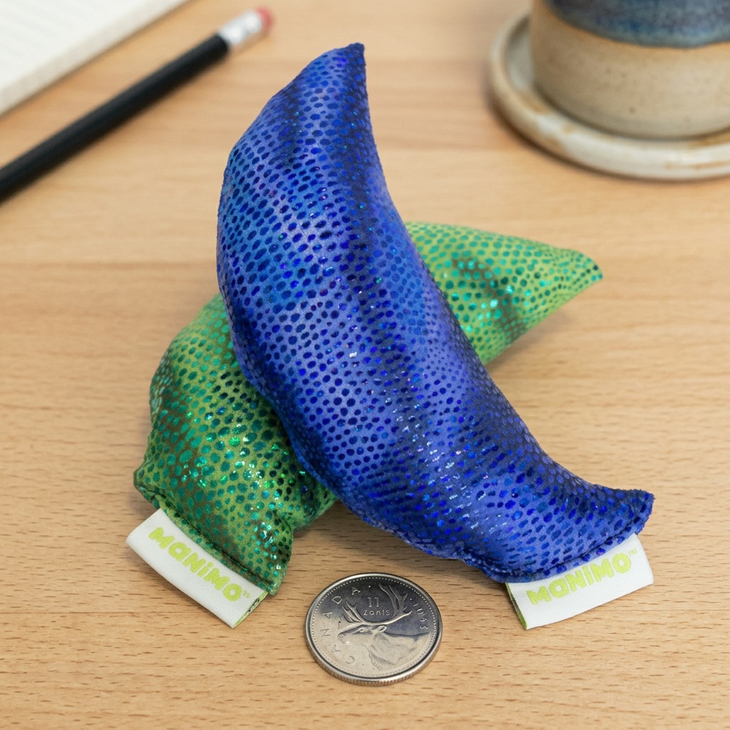 A photorealistic scale reference image showing the sparkly blue fdmt manimo weighted moon ball with a real loonie on a wooden desk.