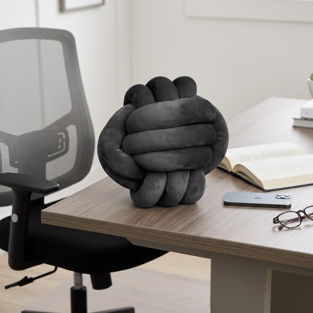 A scale-reference shot showing the fdmt Cuddle Ball - Granite on a desk beside an open book and pen.