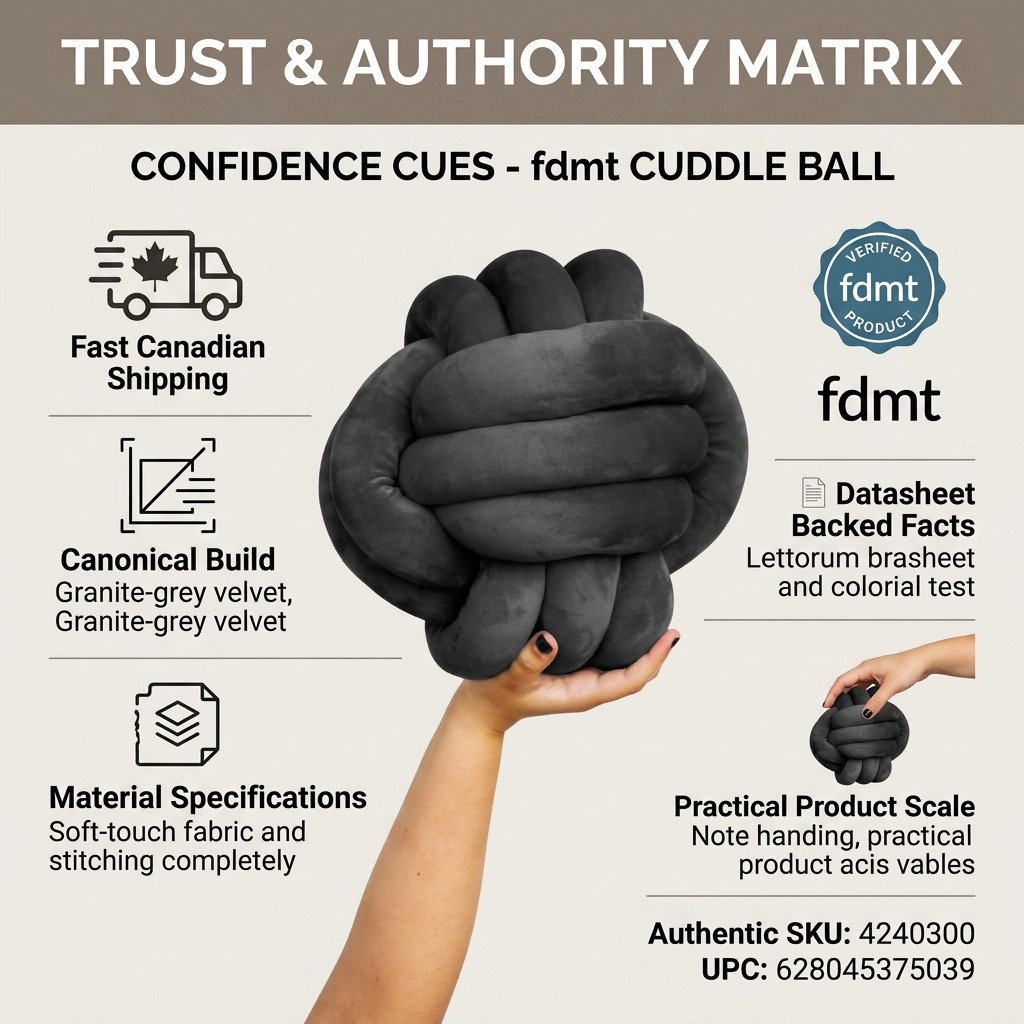 Infographic matrix for the fdmt Cuddle Ball, showing build details, fast shipping, and data.