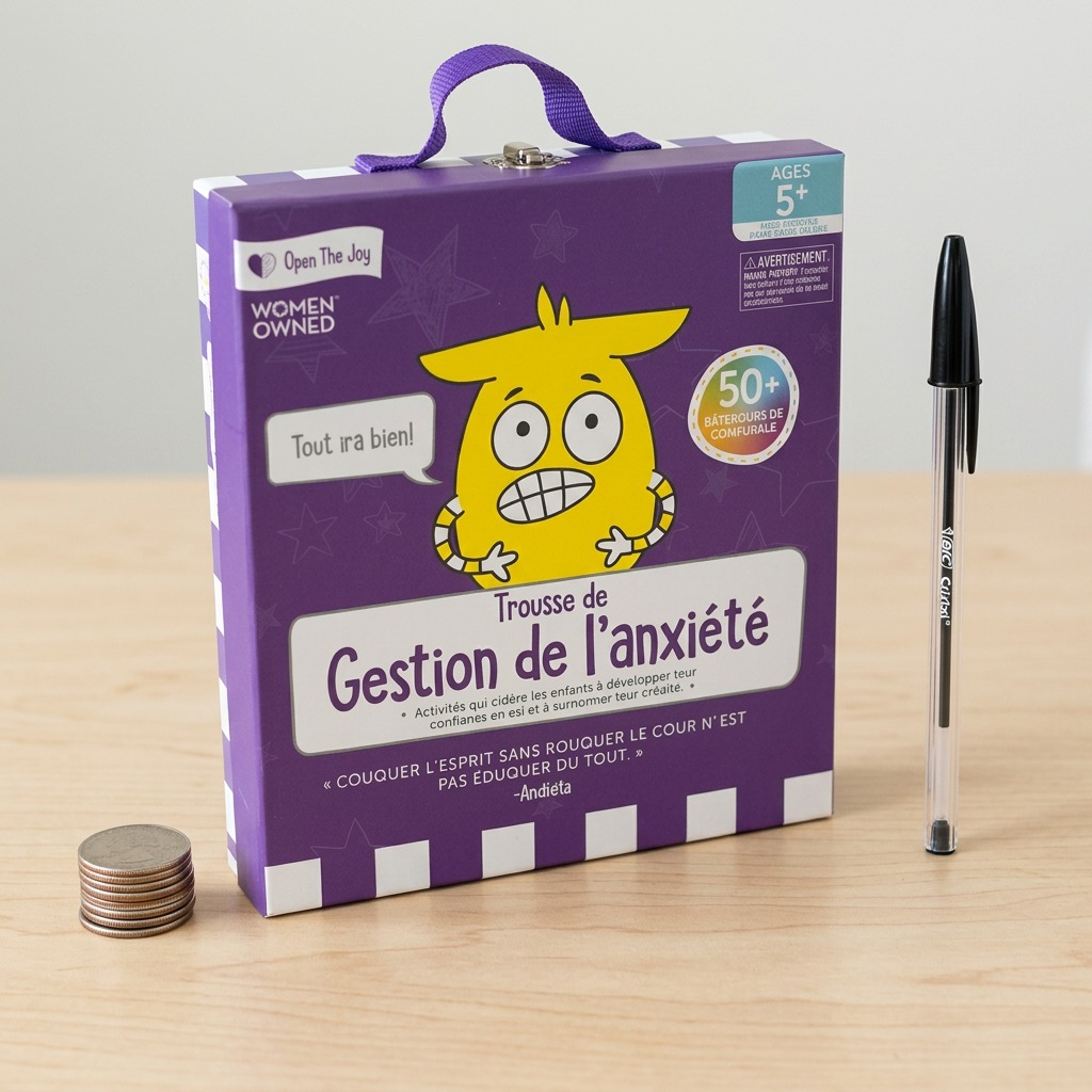 A photo of the anxiety toolkit on a wooden desk next to a standard pen and a small stack of quarters.