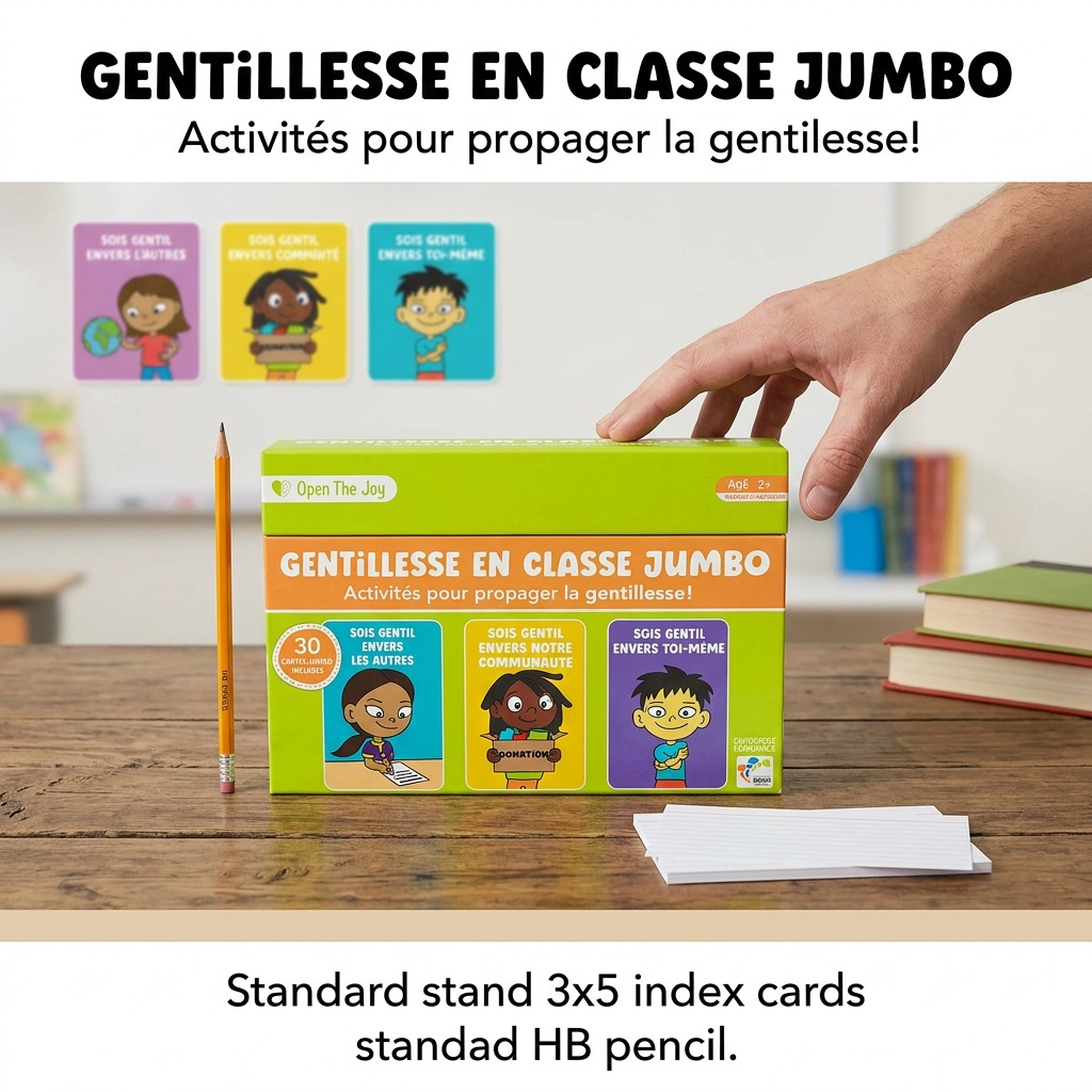 Scale comparison showing the jumbo kindness card box next to standard context objects on a classroom desk.