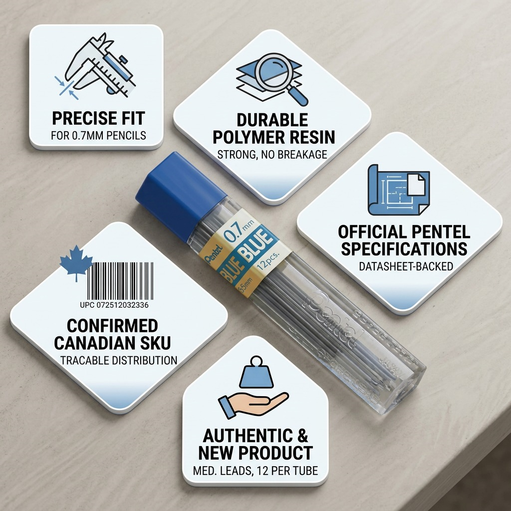 Trust infographic for Pentel PPB-7 0.7mm blue lead refill, featuring factual icons and Canadian SKU details.