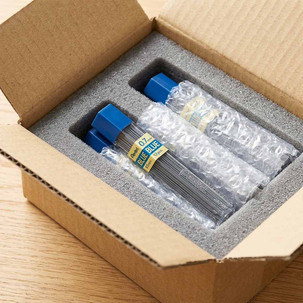 Sealed Pentel mechanical pencil leads in shock-absorbing packing within a shipping box.