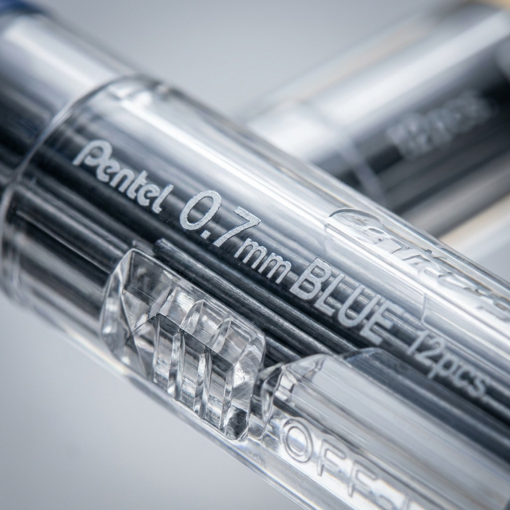 Macro close-up of Pentel blue refill lead tube, showing clean 0.7mm BLUE print and leads.