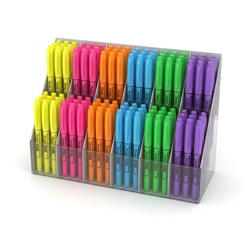 An open stock display of 144 Pentel highlighters in multiple vivid colors.