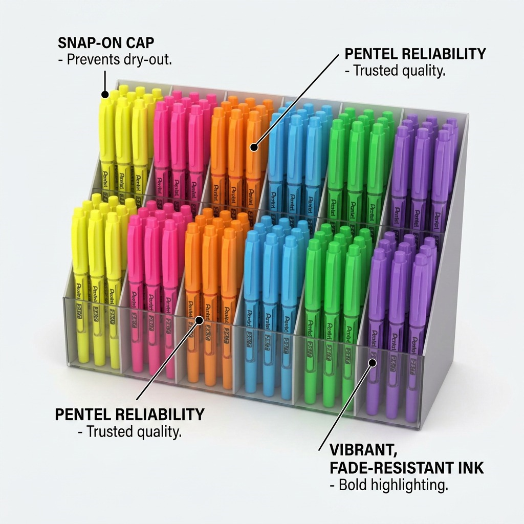 Feature graphic shows highlighters with callouts for 'Snap-on Cap', 'Reliability', and 'Fade-Resistant Ink'.