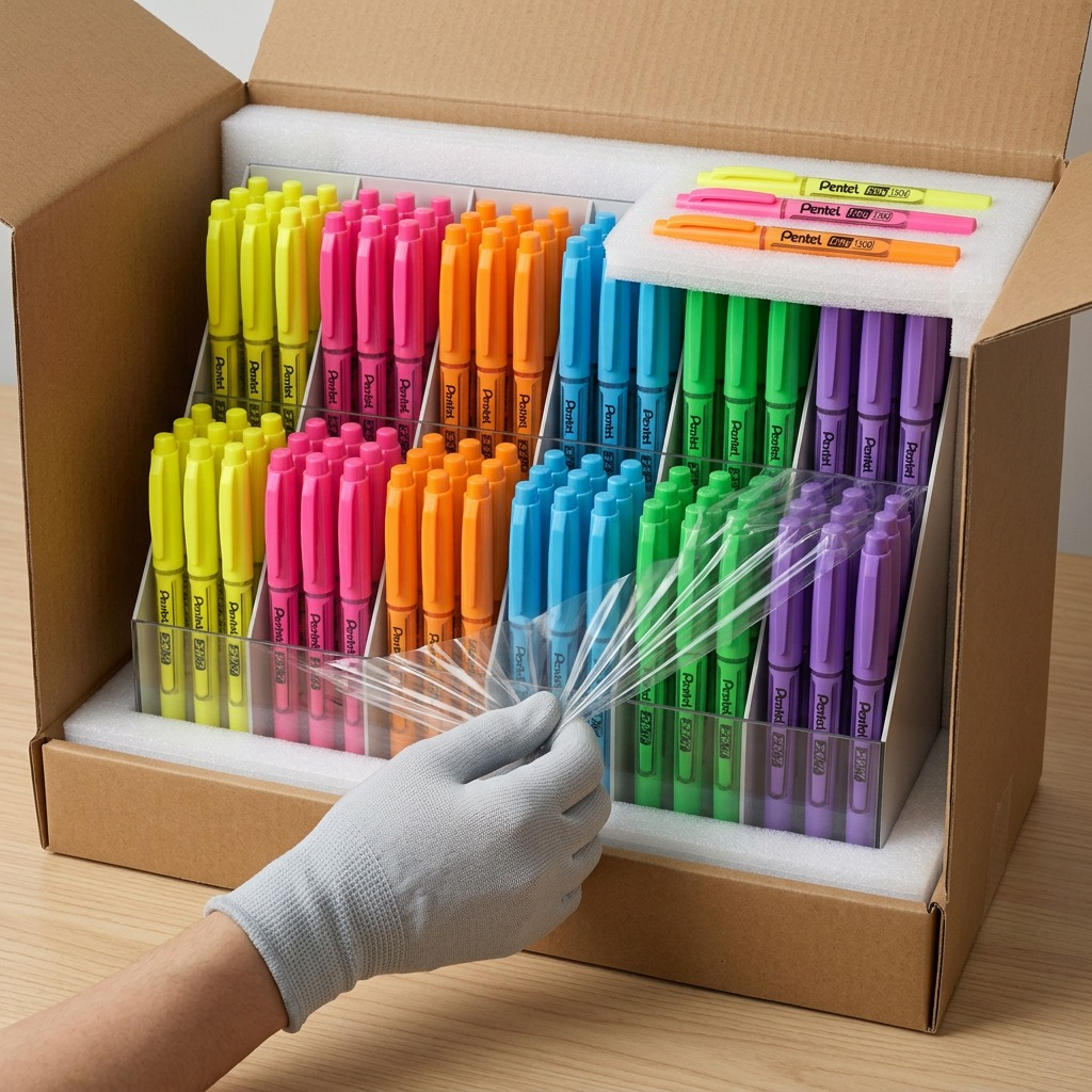 Premium, realistic close-up of a Pentel 24/7 Highlighter countertop display being partially unpacked from protective shipping materials on a clean surface.