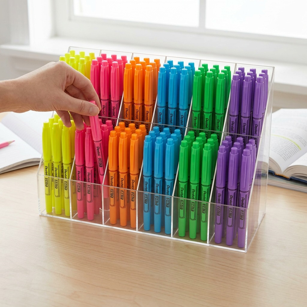 A realistic photo of the clear acrylic pen display filled with 144 assorted Pentel highlighters in various neon colors on a clean wooden desk with blurred books.