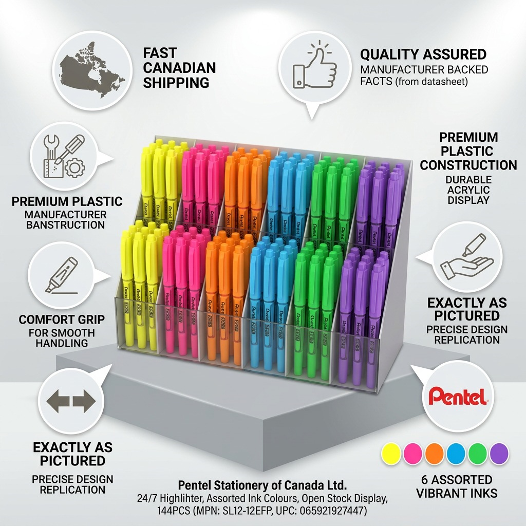 An infographic display of the Pentel SL12-12EFP 144-piece open stock highlighter display.<ctrl46>https://api.randmar.io/Product/FFQ1FFH9203OUN2T0SRN/Image?width=2048&height=2048
