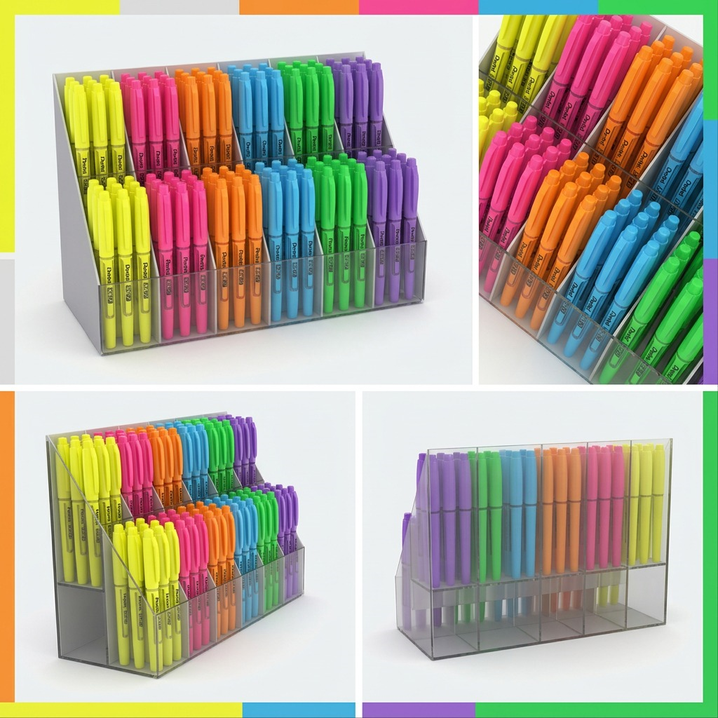 A premium ecommerce grid visual matrix showing the multi-tiered transparent acrylic tray from multiple strategic angles, highlighting its capacity to hold 144 highlighter pens across five rows and a precise 2x6 configuration of compartments.