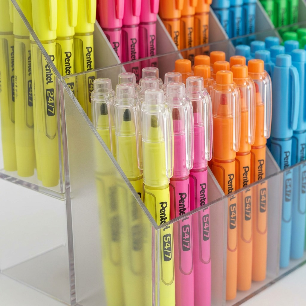 An extreme macro photograph shows the precision point tips of a yellow Pentel 24/7 highligher.