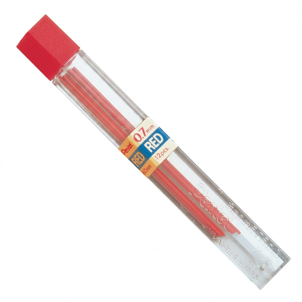 Pure ecommerce hero shot of the Pentel 0.7mm red mechanical pencil refill leads with clear plastic tube and red cap.