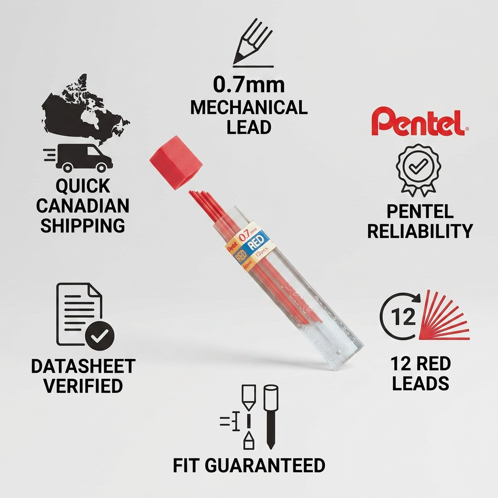 A trustworthy infographic infographic for Pentel 0.7mm red lead, highlighting product key features and fast shipping in Canada.
