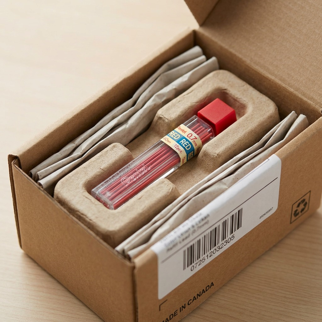 Premium unboxing scene showing the specific red pencil leads tube protected inside a robust shipping carton with cushioning paper.
