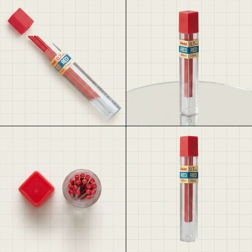 A PDP visual matrix demonstrating four angle-specific configurations of the exact Pentel PPR-7 red 0.7mm lead tube, including cap placements and internal views, arranged in a clean grid with an off-white background.