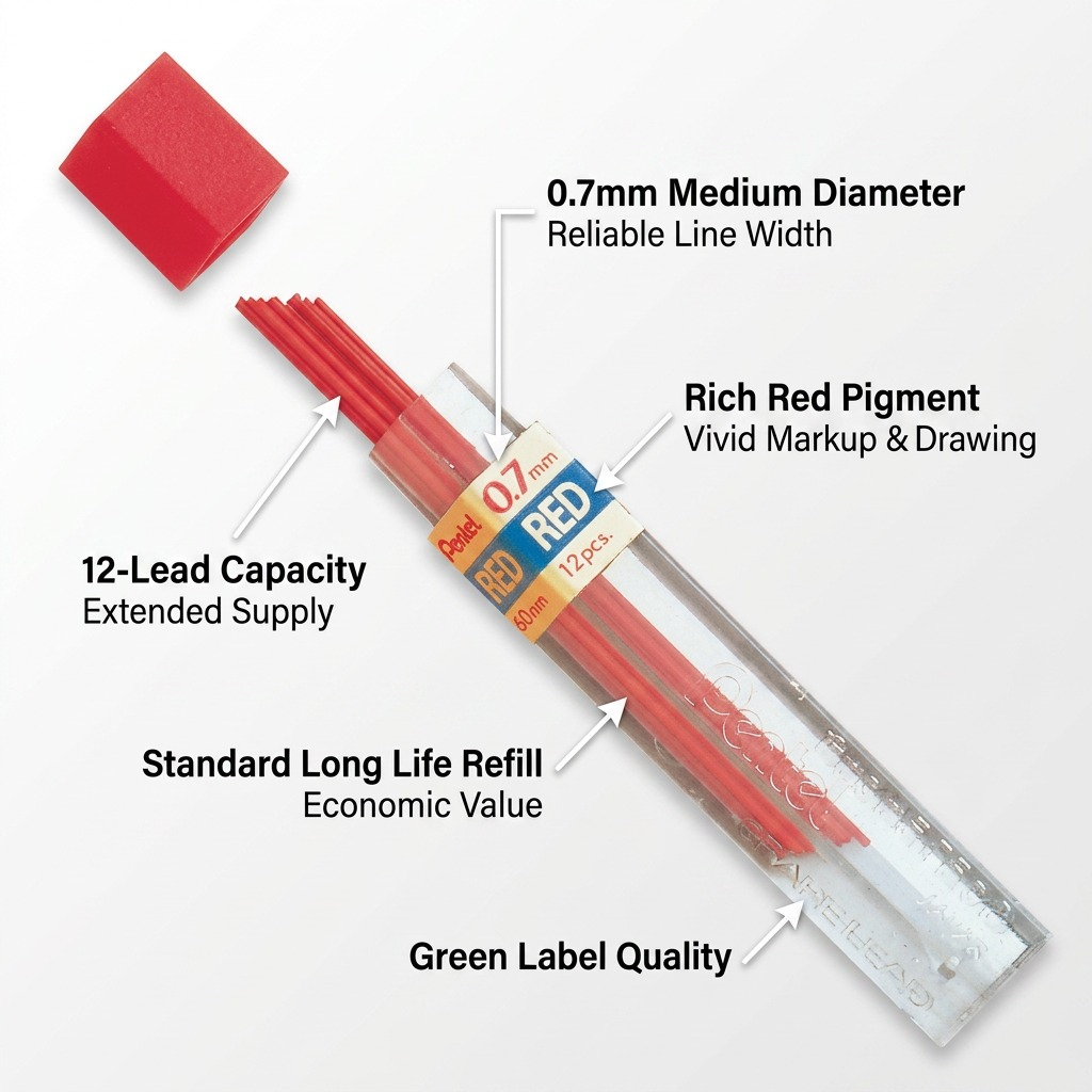 Pentel 0.7mm red lead refill tube image with callouts detailing diameter, capacity, and colour.