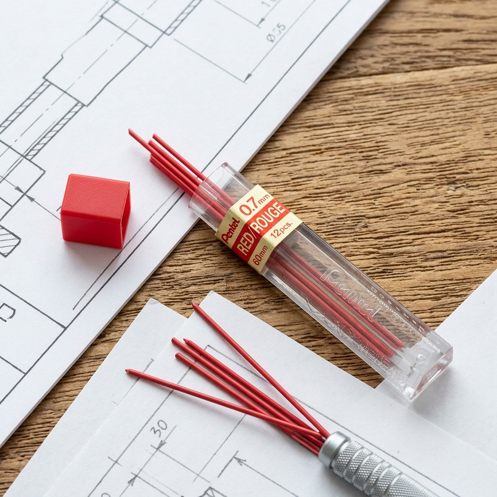 Pentel 0.7mm red leads in and out of the tube on a technical drawing surface.