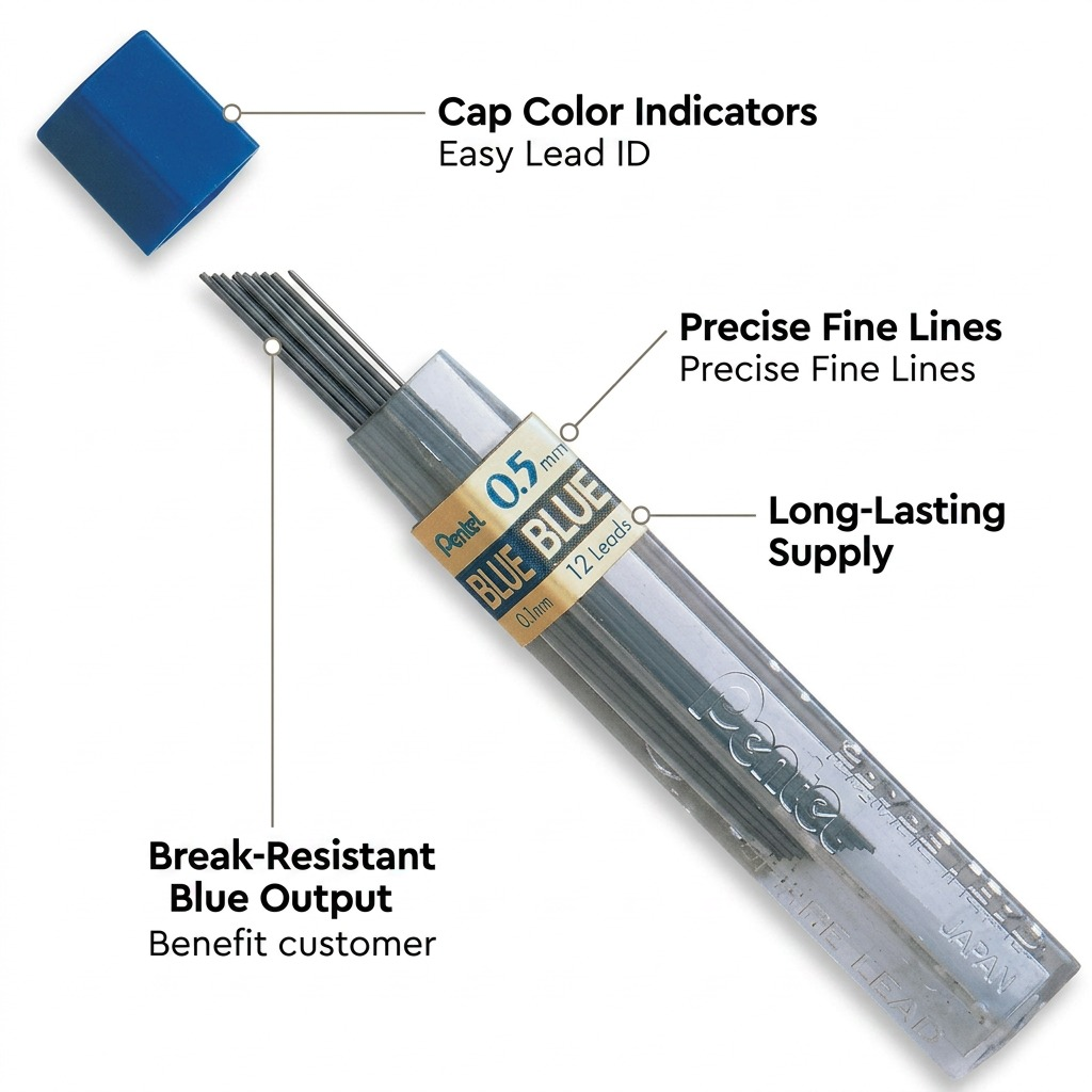 Pentel 0.5mm blue mechanical pencil lead refill values chart on clean background with 12 leads per tube.