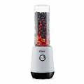 An elevated e-commerce hero shot of the Oster MyBlend Plus 2130839 personal blender, white motor base with 'Oster' logo and a single black-rimmed control button, featuring a 20 oz. Tritan sport bottle filled with blackberries, blueberries, pomegranate seeds, and peach slices against a seamless pure white background with a subtle, clean shadow underneath for scale, displaying realistic materials, precise product geometry, and a crisp, focused finish suitable for a premium product detail page.