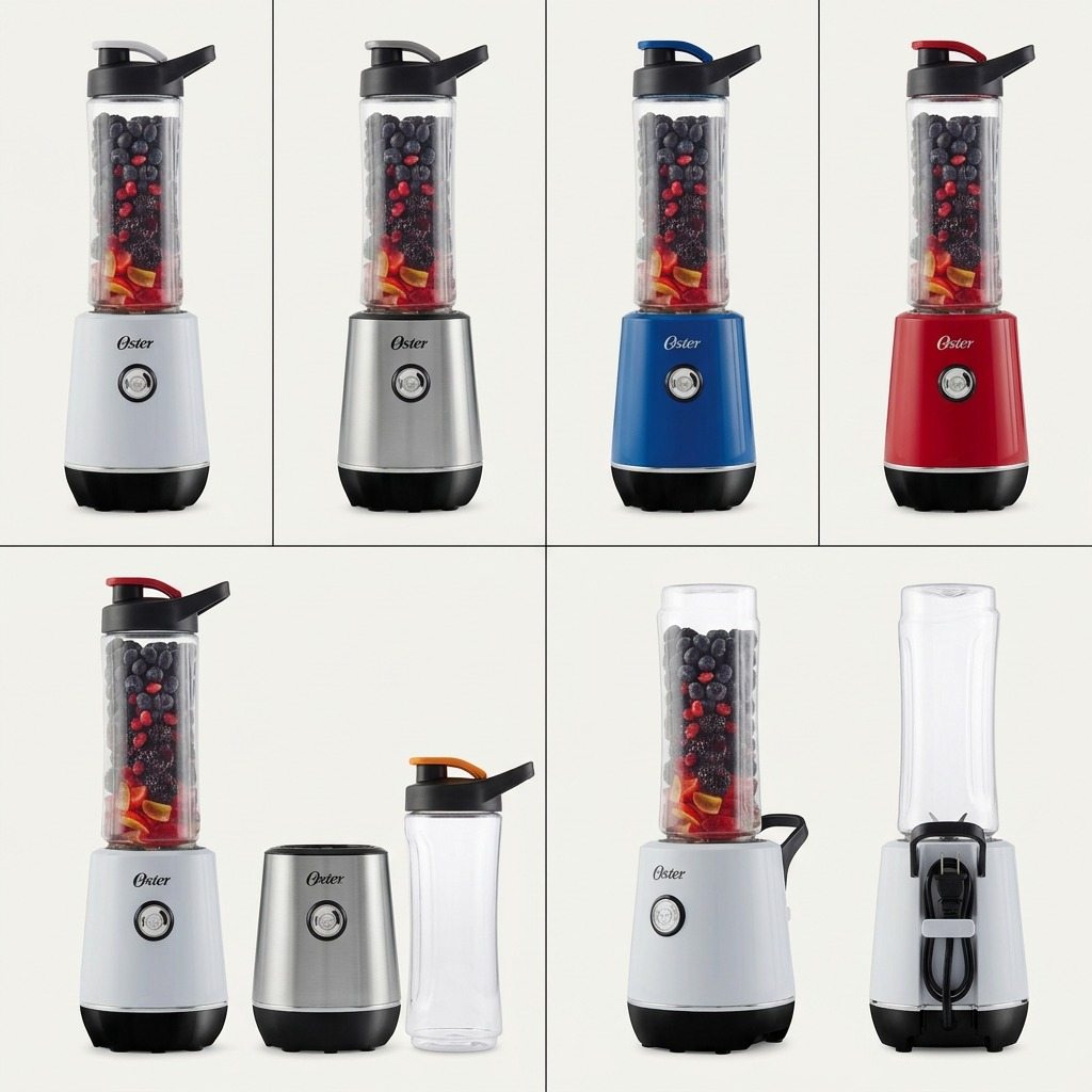 Ecom grid comparing color variants and component angles of the Oster MyBlend Plus 2130839.