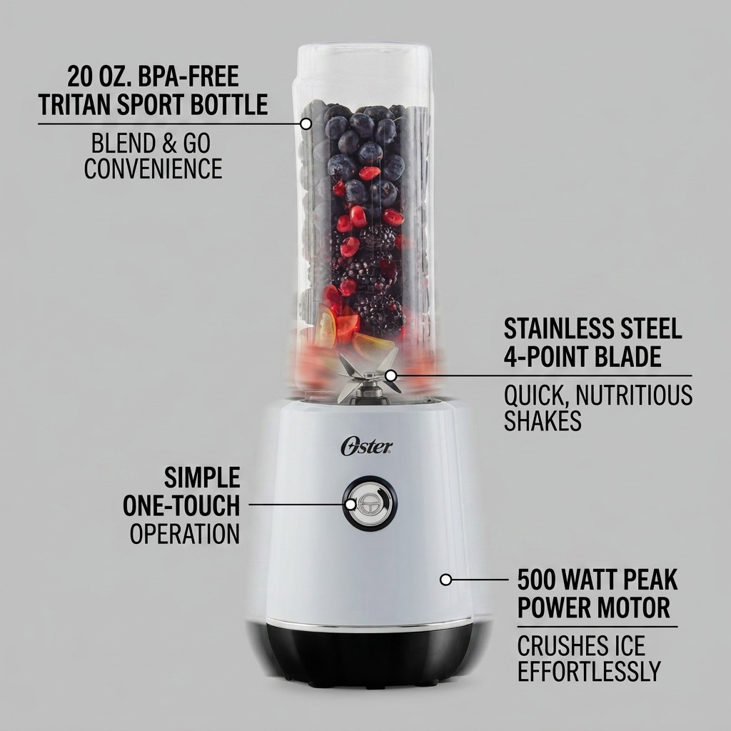 A visual infographic detailing the key features and benefits of the Oster 500W personal blender.