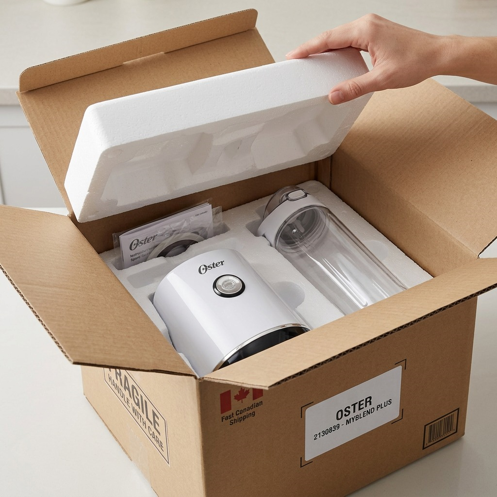 An image of the Oster MyBlend Plus Personal Blender securely protected by precise EPS foam inserts within a generic cardboard shipping box, demonstrating packaging for safe delivery.