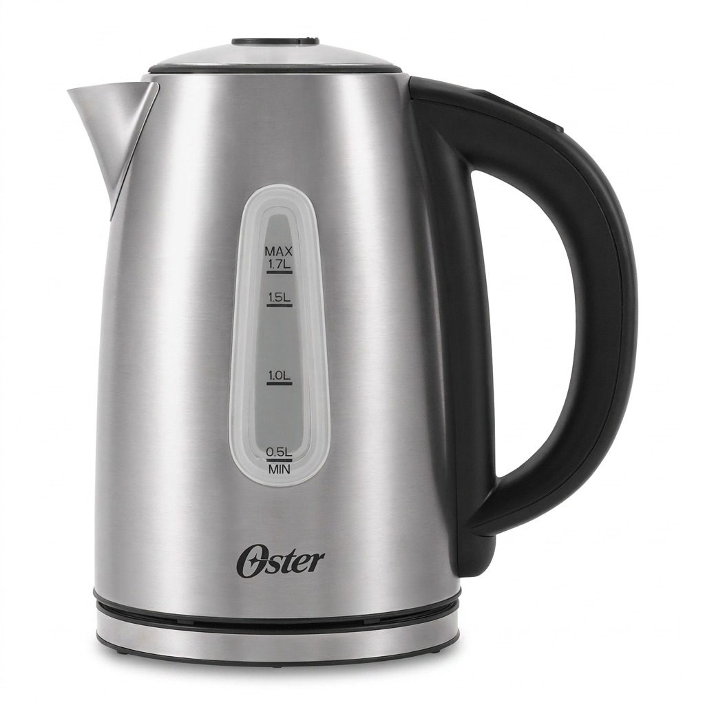 A high-resolution product photograph of the Oster 2136857 1.7L stainless steel variable temperature electric kettle, isolated on a pure white background. The kettle is shown in a three-quarter view, showcasing its brushed finish, digital display base, logic-controlled handle with pre-set buttons, and clear water level window.