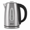A high-resolution product photograph of the Oster 2136857 1.7L stainless steel variable temperature electric kettle, isolated on a pure white background. The kettle is shown in a three-quarter view, showcasing its brushed finish, digital display base, logic-controlled handle with pre-set buttons, and clear water level window.