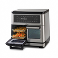 A high-resolution product photograph of the Oster 11-Quart Flex Air Fryer Oven on a pure white background. The front baskets are removed and stacked next to the machine. The control panel is active, displaying a 30-minute cooking cycle. A subtle, clean shadow anchors the product. The overall composition is centered and premium.