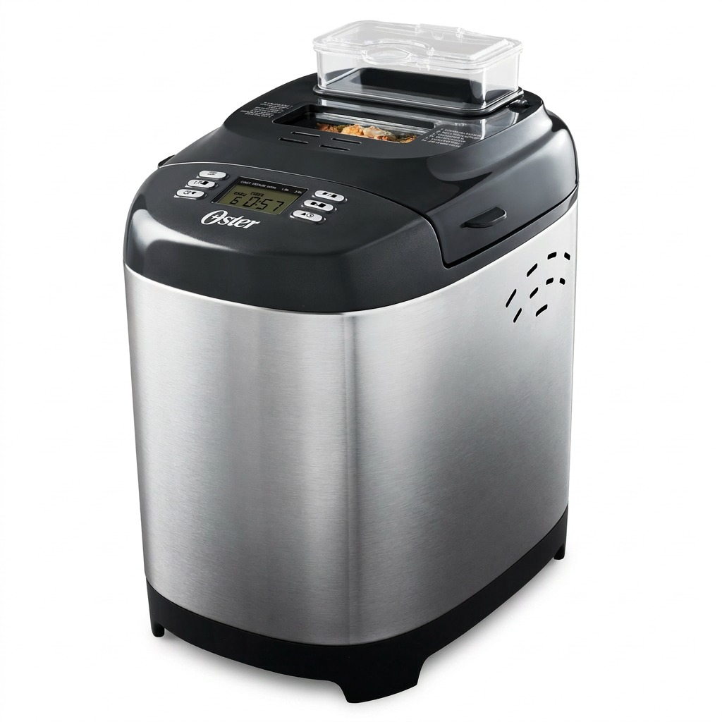 Oster ExpressBake Bread Maker 2.0 lb Capacity in Stainless Steel/Black, centered on a white background.