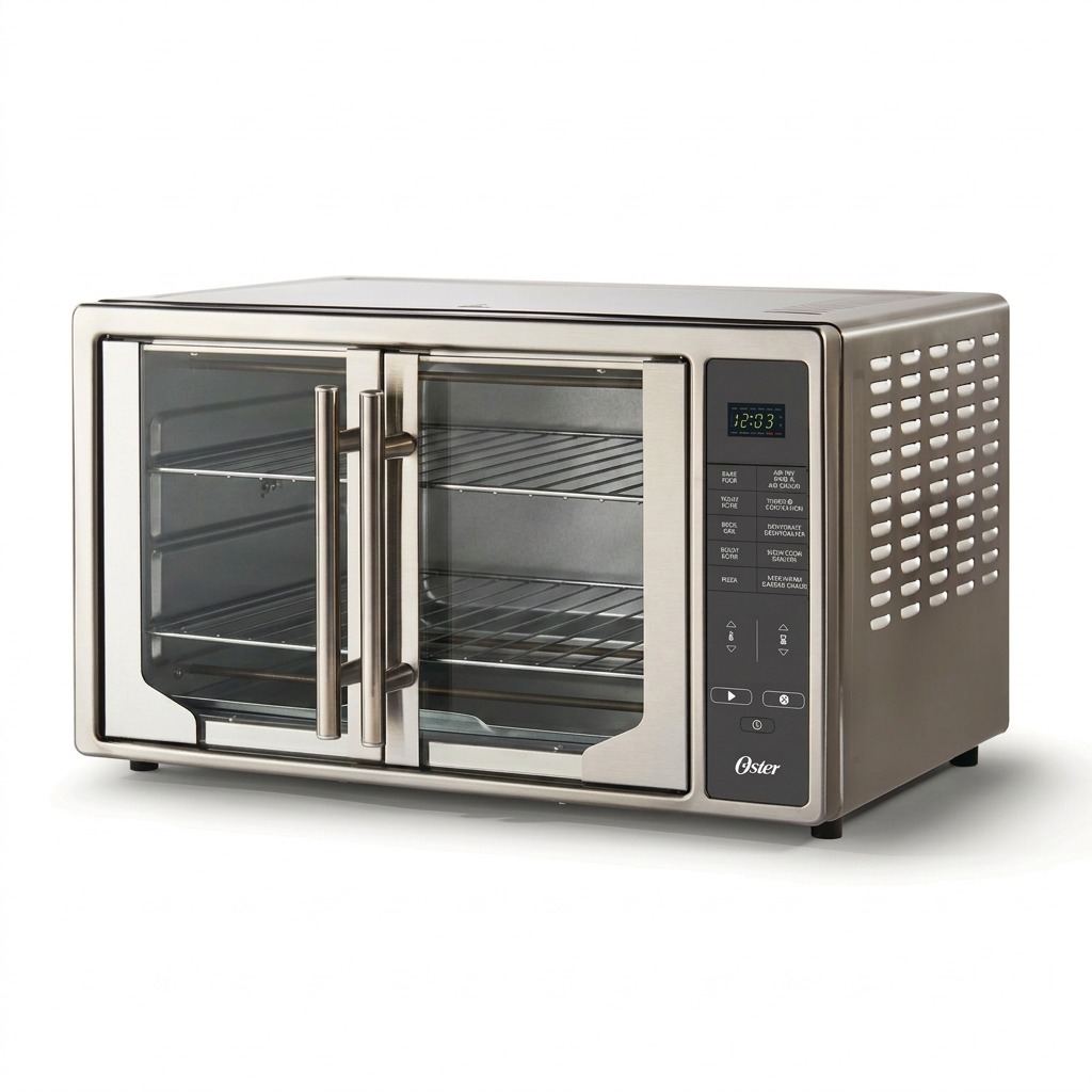 A pure hero shot of the Oster Digital French Door Air Fry Countertop Oven on a white background.