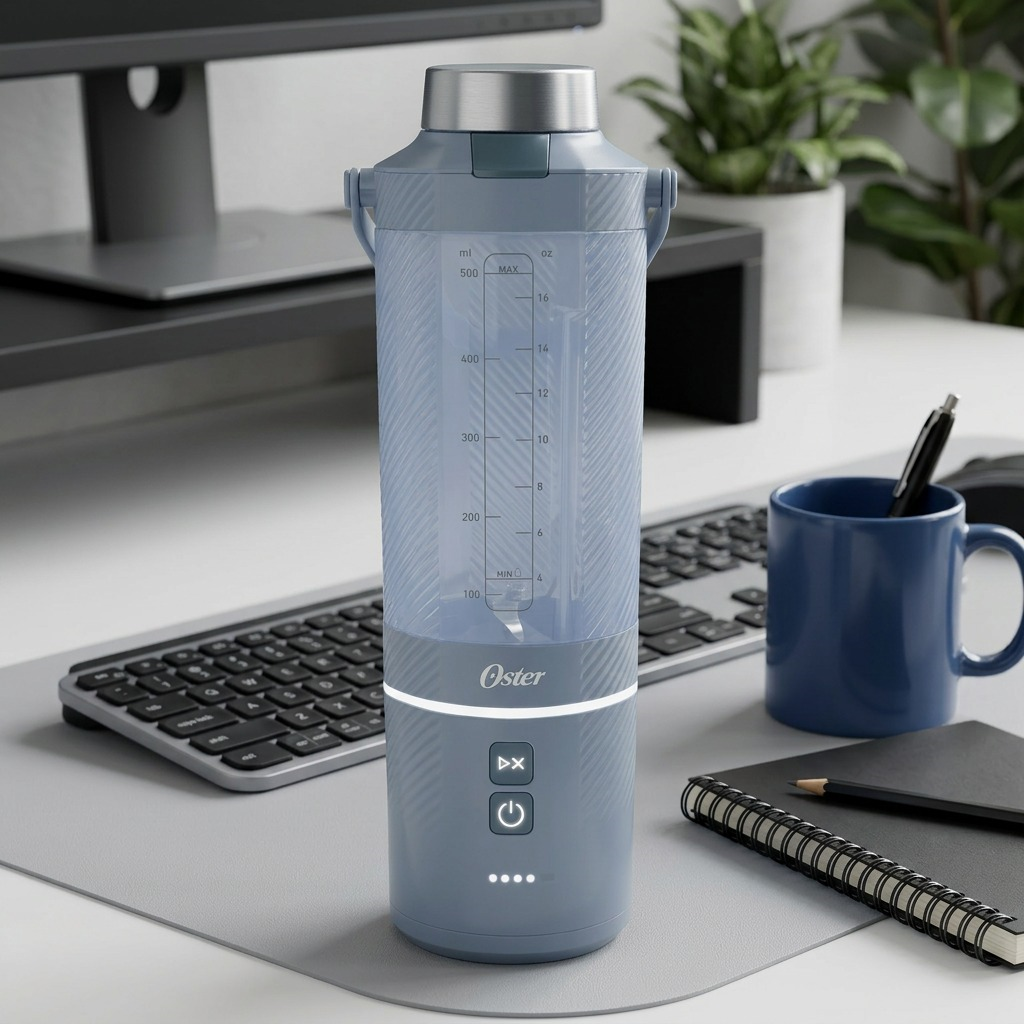 Oster Oster 2219802 GoMAX blender on a desk beside a coffee mug, notebook, and standard keyboard.