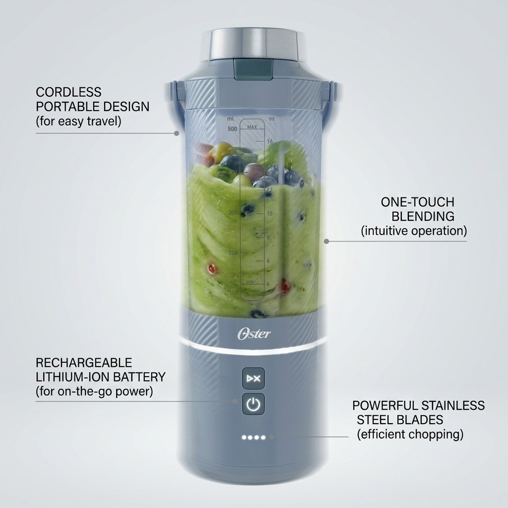 Feature callout infographic of the Oster GoMAX Portable Blender highlighting cordless design, ease of use, and efficient blending.