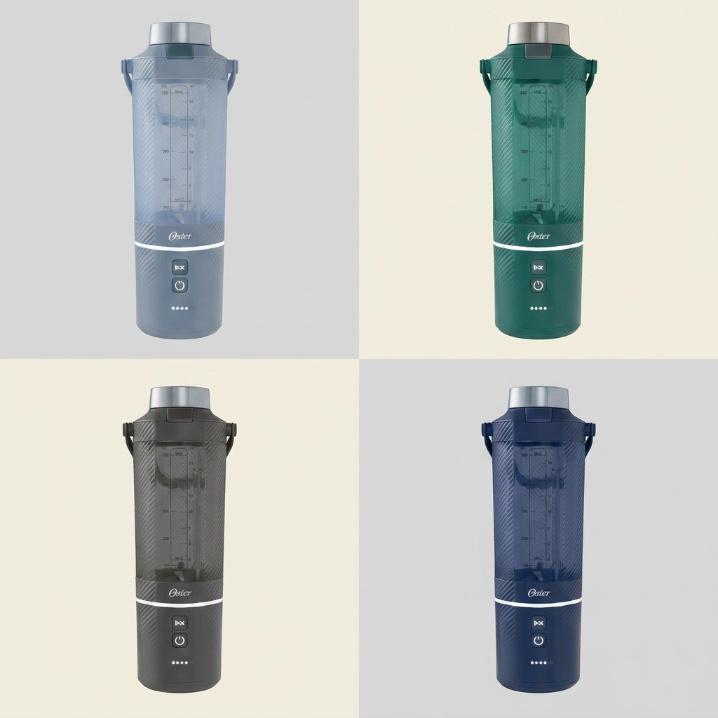 A PDP-style visual matrix displaying four Oster GoMAX Portable Blenders in different orientations against soft grey backgrounds.