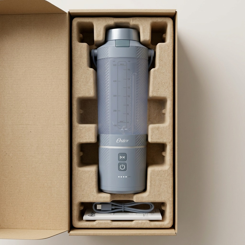 Top-down view of the Oster 2219802 blender nestled securely in protective corrugate packaging insert with power cord.