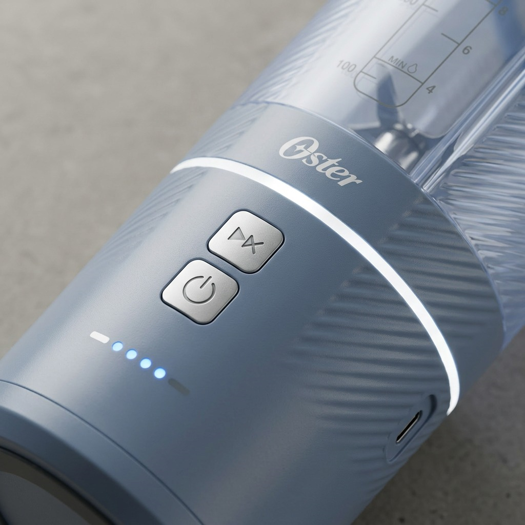 Detailed macro of an Oster blender's textured base, showing the blending and power buttons.