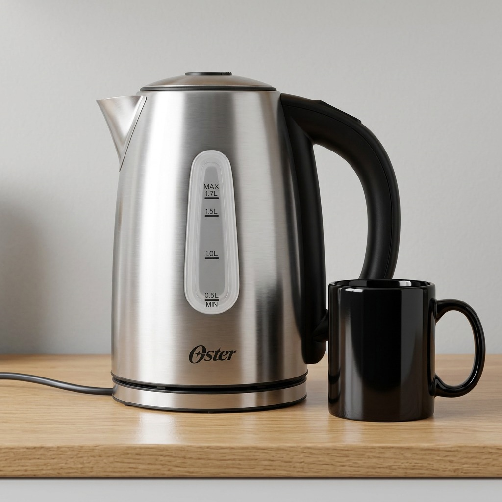 Scale reference image showing the Oster 1.7L kettle next to a standard black coffee mug.