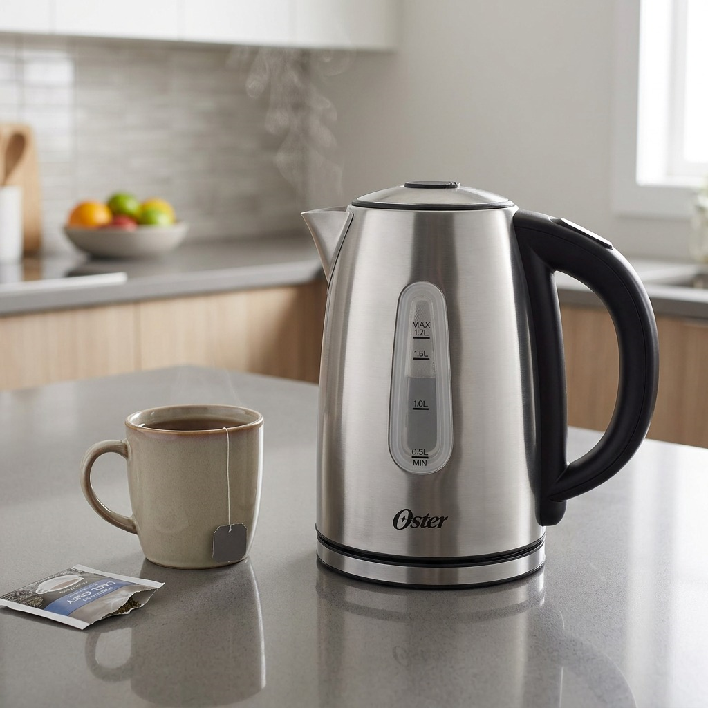 Lifestyle photograph of the exact Oster stainless steel variable temp kettle on a clean kitchen counter. A warm mug and a sachet of tea are next to it. Natural light, clean and modern.
