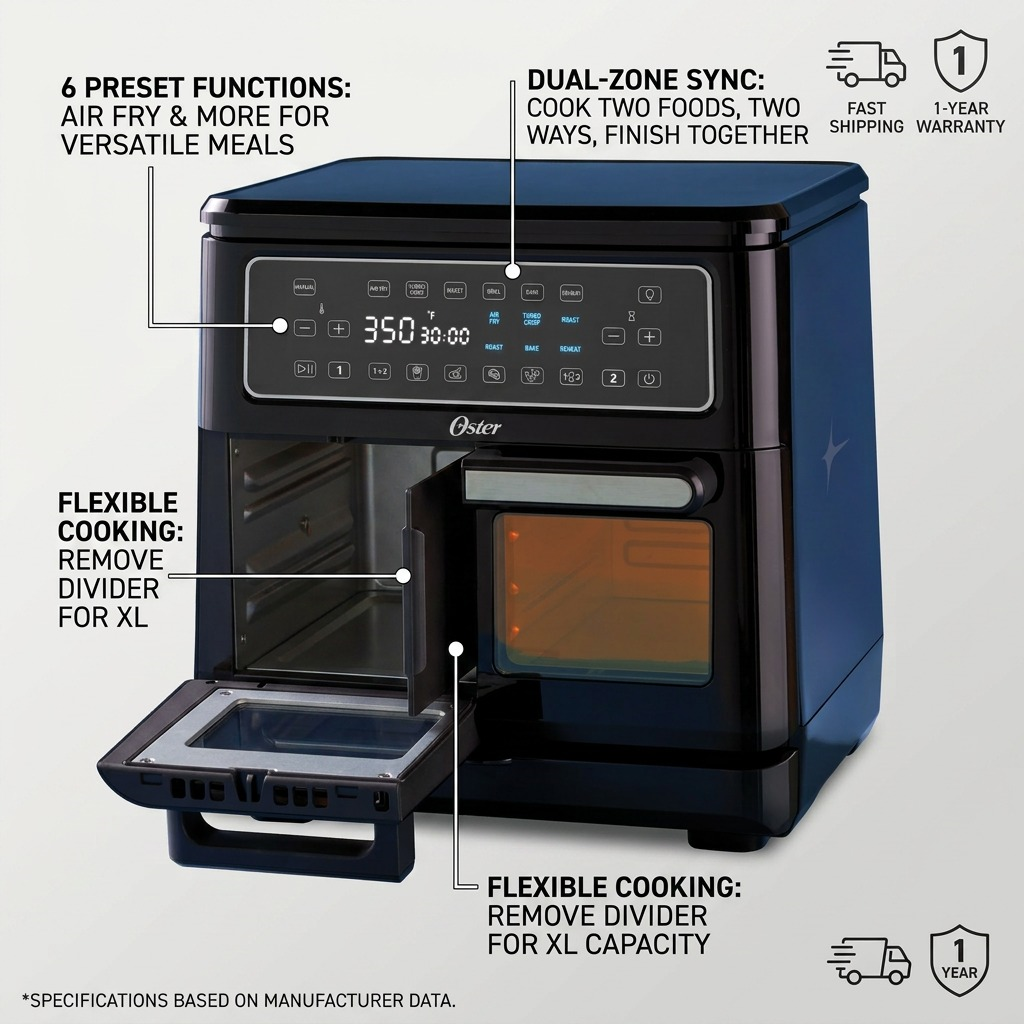 An ecommerce graphic of the Oster Flex Air Fryer with feature callouts for flexible dual cooking zones.