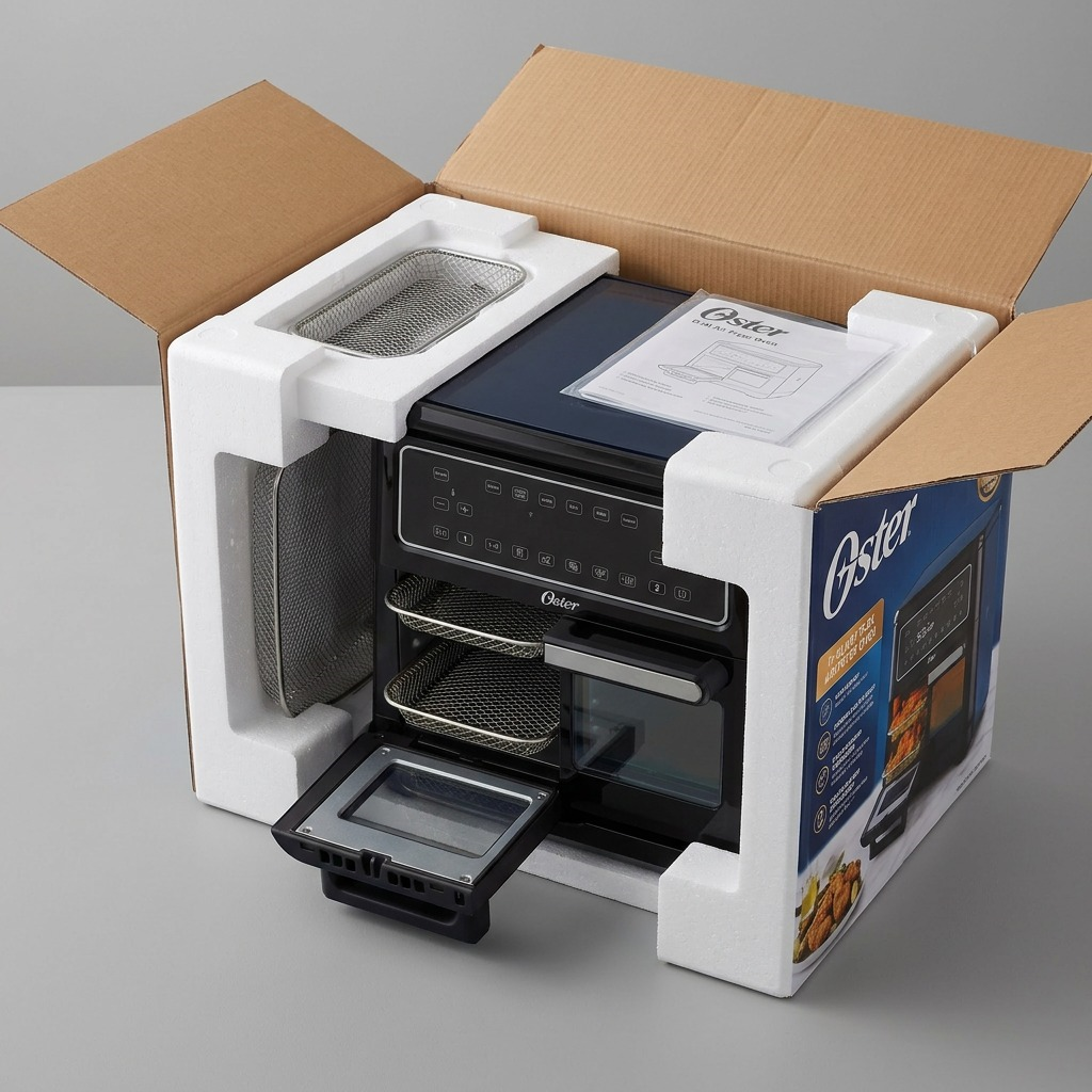 A depiction of the Oster 11-Quart Flex Air Fryer Oven partially revealed from protective packaging, assuring safe transport.
