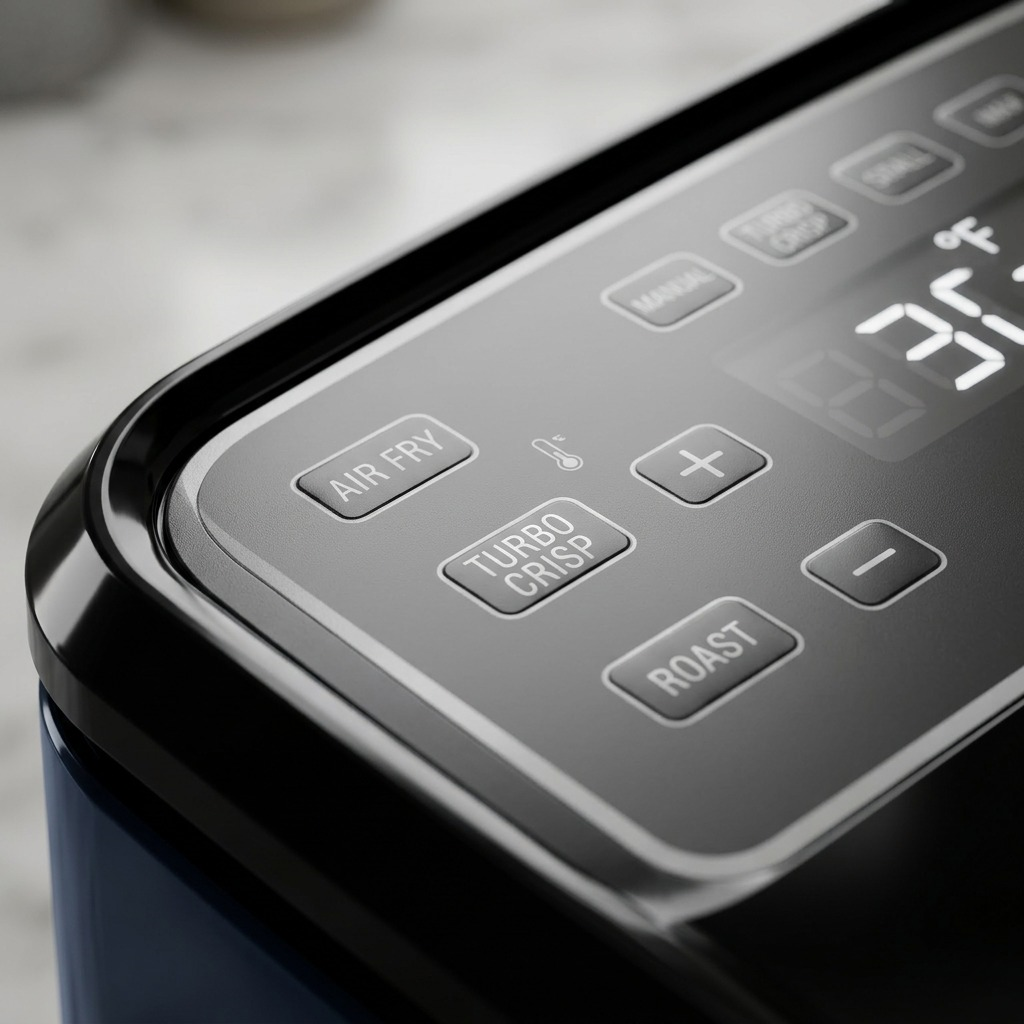 Extremely close-up photograph of the textured black plastic and silver metal accents on the front face of the Oster air fryer oven.