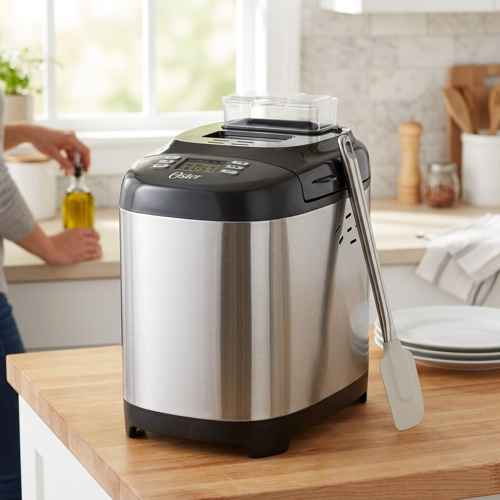A photograph of the Oster ExpressBake bread maker positioned next to a standard kitchen spatula for scale.