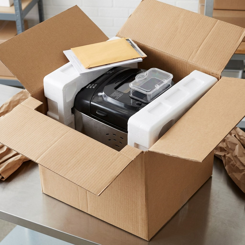 Product unboxing snapshot showing an Oster bread maker snugly protected by custom foam inserts inside a cardboard shipping box.