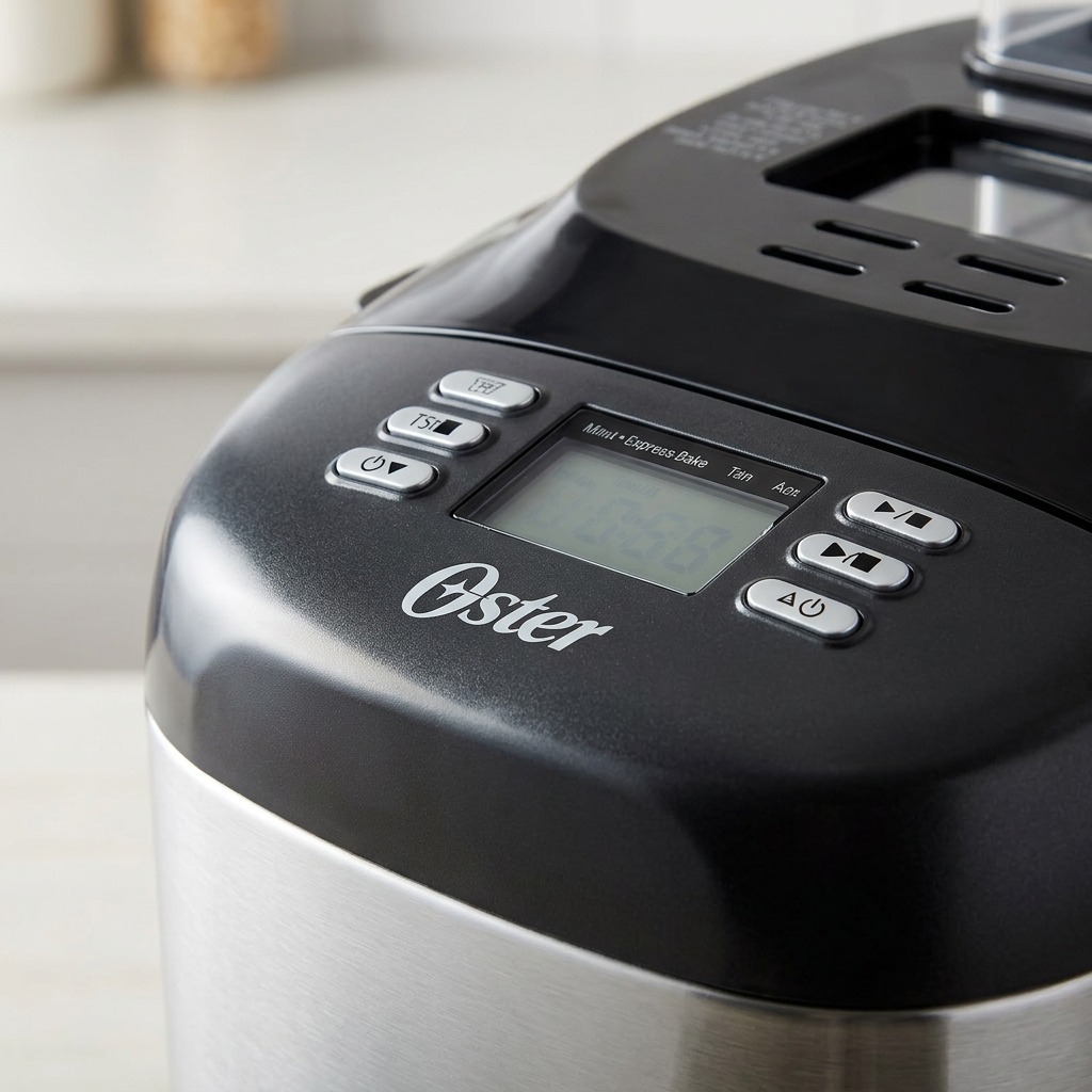 A detailed macro photograph focusing on the textured control buttons, the digital display, and the "Oster" logo of the bread maker.