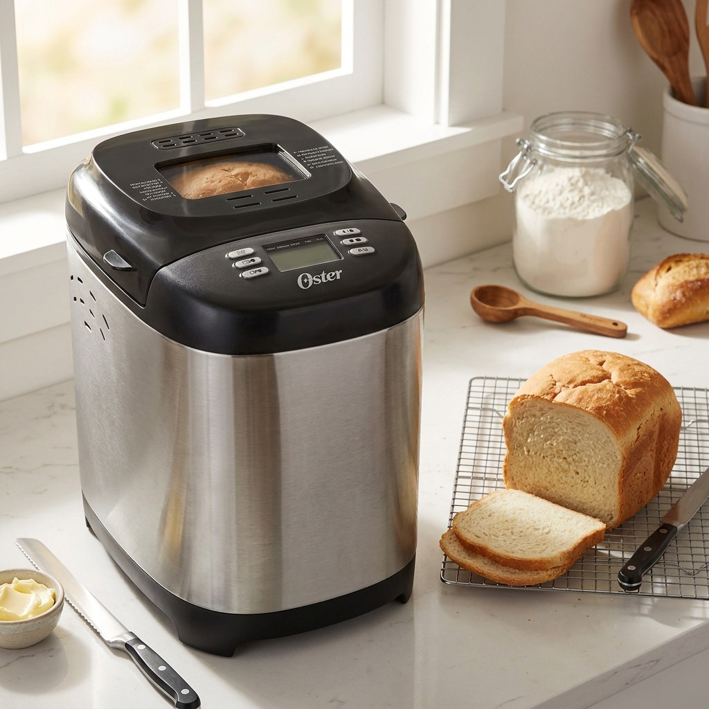 Lifestyle photograph of the Oster ExpressBake bread maker on a kitchen counter, showing a baked loaf next to a slicing knife and a bowl of raw ingredients.