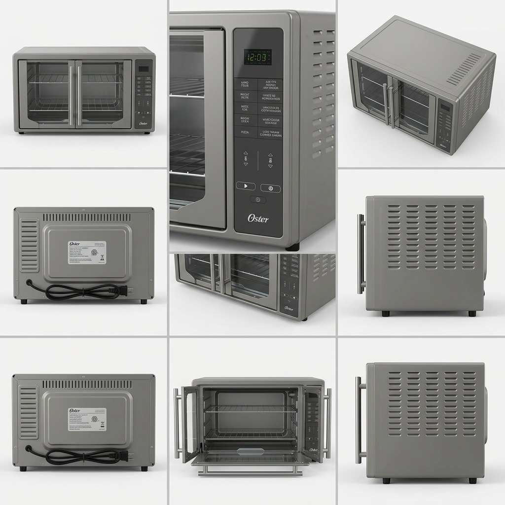 A six-panel matte grey grid (2 rows, 3 columns) displaying the specific Oster French Door Air Fry Countertop Oven from various angles on a white background. No text or additional logos.