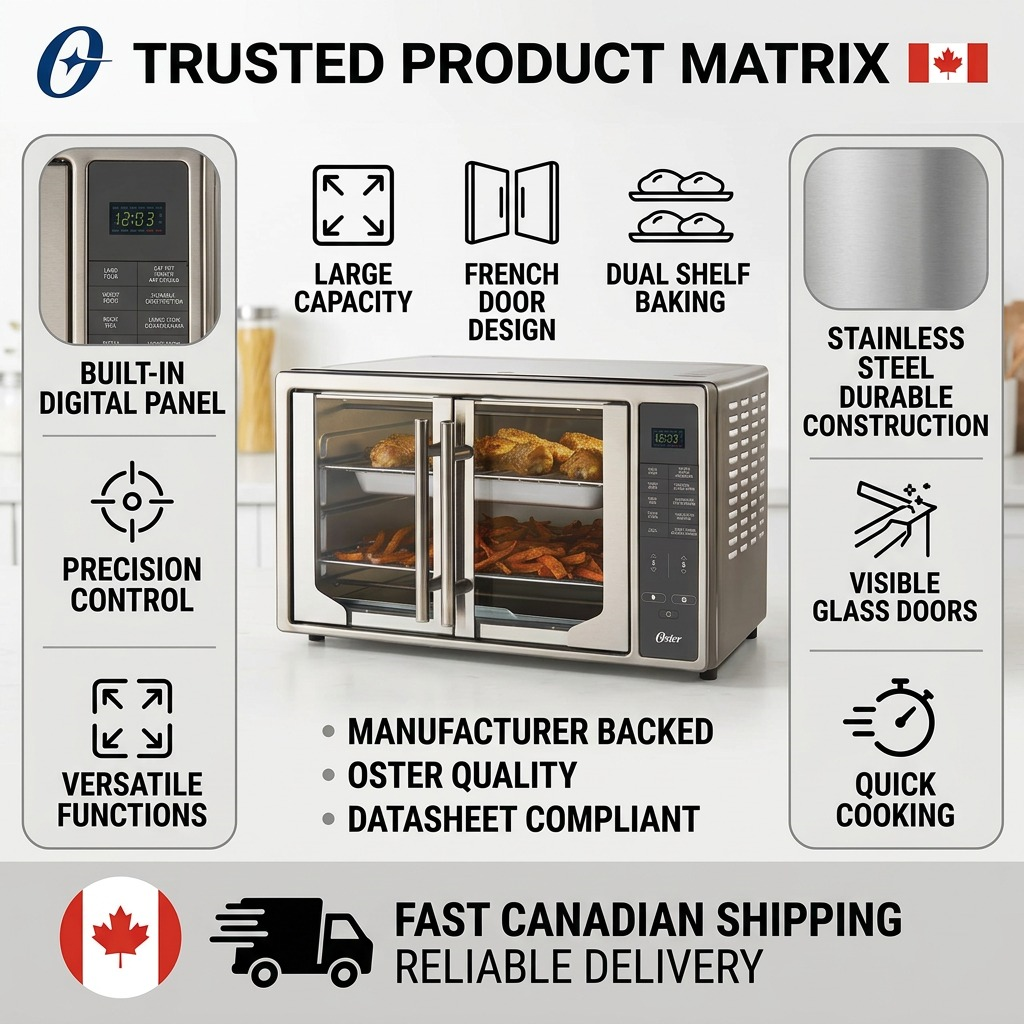 An infographic showing the Oster Digital French Door Air Fryer Countertop Oven with surrounding icons and text highlights.